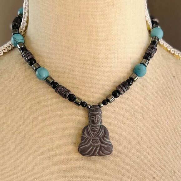 Buddha Beaded Black Puka Hematite Turquoise Howlite Unisex Choker Necklace - Picture 5 of 5